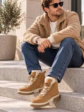 White Mountain Men’s Lace-Up Winter Boots Tan Faux Shearling Size 11M New